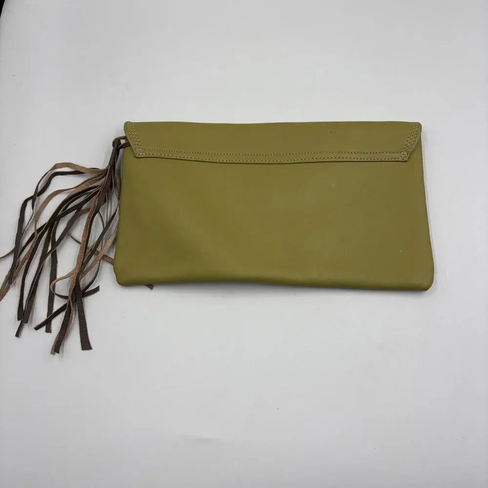 Cueropapel & Tijera Sage Green Leather Envelope Clutch With Tassel Purse